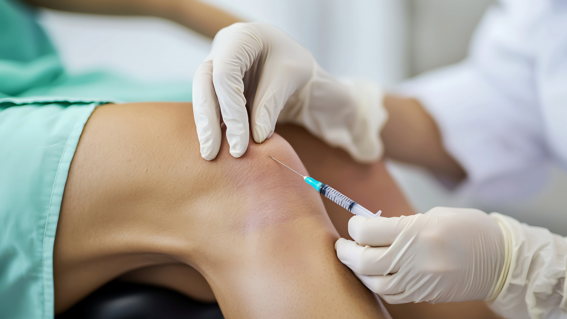 Doctor injecting cortisone shot into patient's knee joint